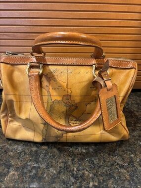 Alviero Martini Map-Print Leather Satchel in Cognac Brown